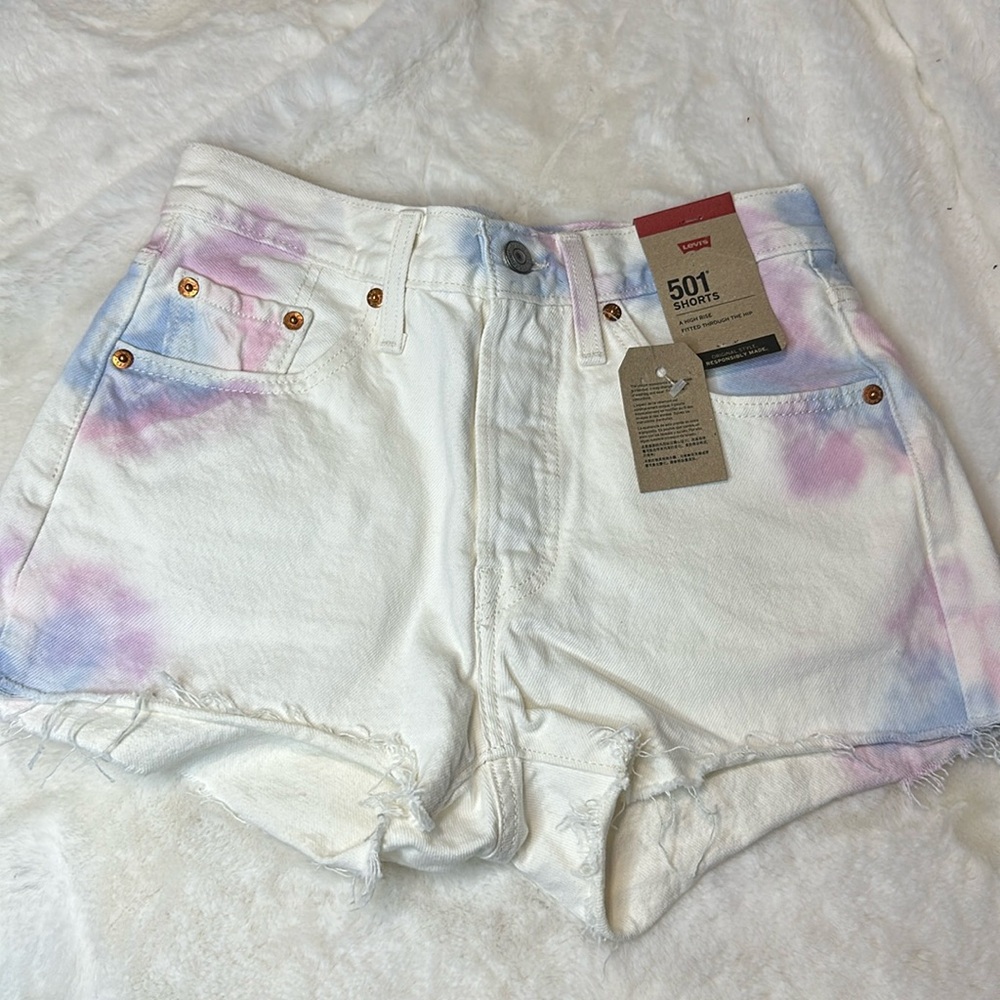 🆕 Levi’s white ombré purple pink tie dye 501 denim shorts size 25